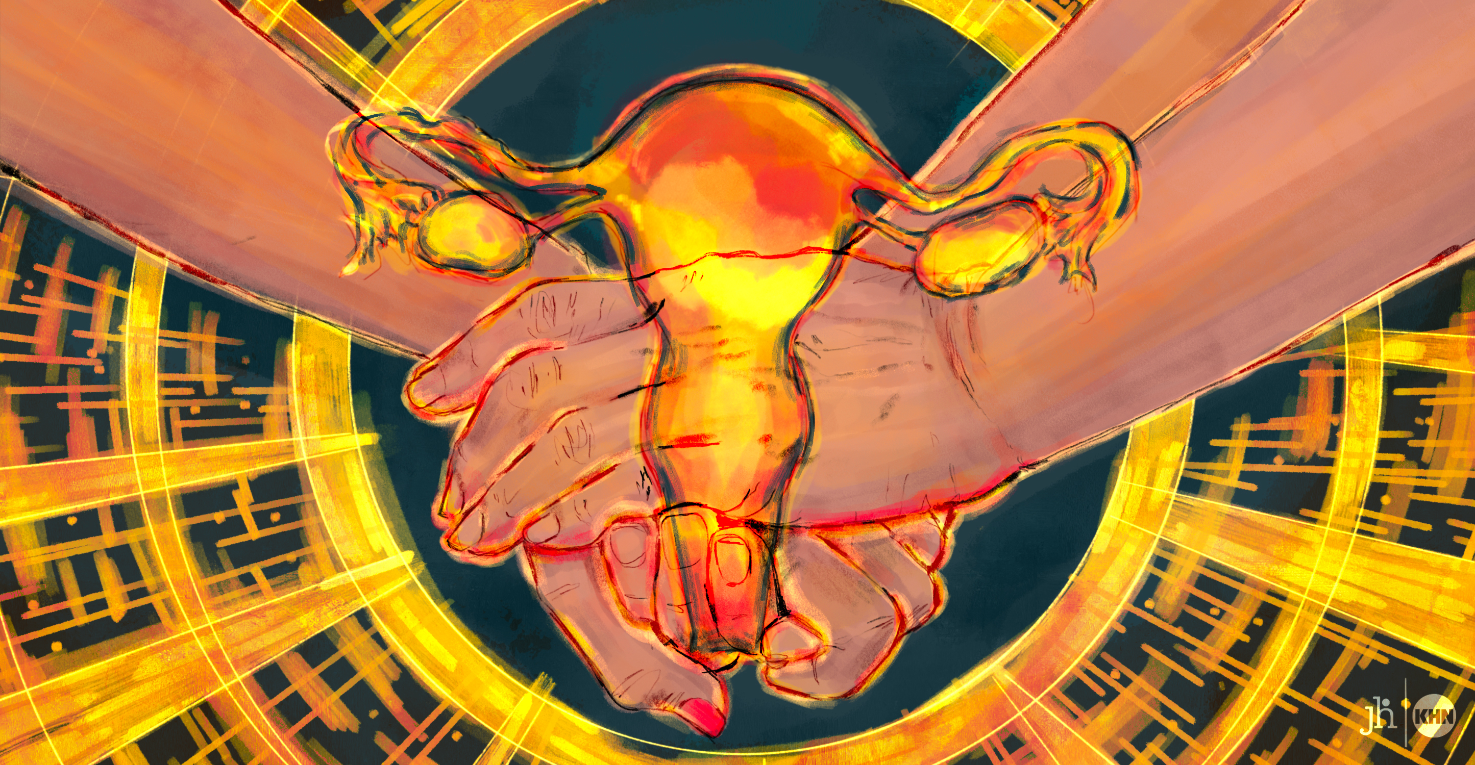 A digital illustration in pencil and watercolor. In the center of the image, there are two hands holding each other in a comforting position. There is a uterus overlayed on top of the hands; it is semi-transparent and painted in pink, orange, and gold colors. The background is a deep teal with a golden circle with radiating lines surrounding the hands and uterus.