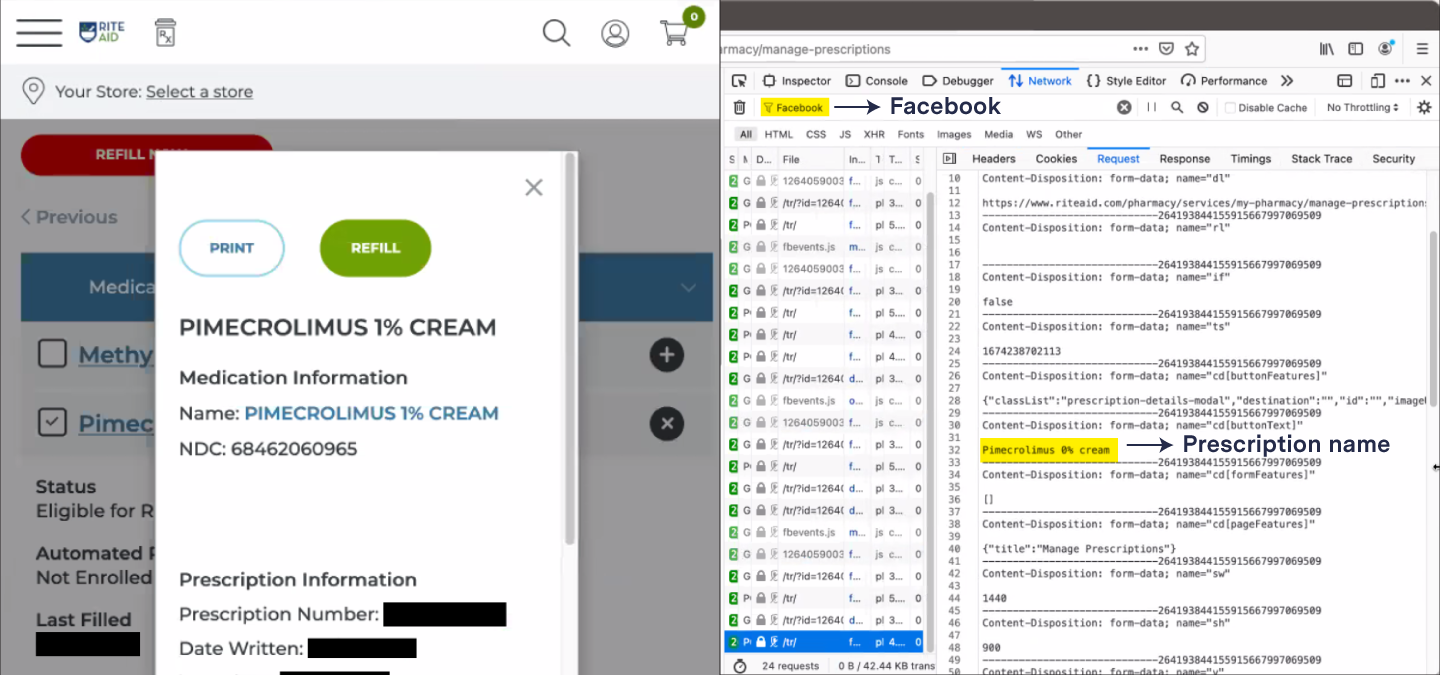 Side-by-side screenshots of a page from the Rite Aid website and the underlying code that is being sent to Facebook. The Rite Aid page displays Pimecrolimus 1% Cream. In the screenshot with code, the string &rdquo;Facebook&rdquo; is highlighted and annotated with text that says &ldquo;Facebook.&rdquo; The string &ldquo;Pimecrolimus 1% cream&rdquo; is also highlighted with the annotation &ldquo;Prescription name.&rdquo;