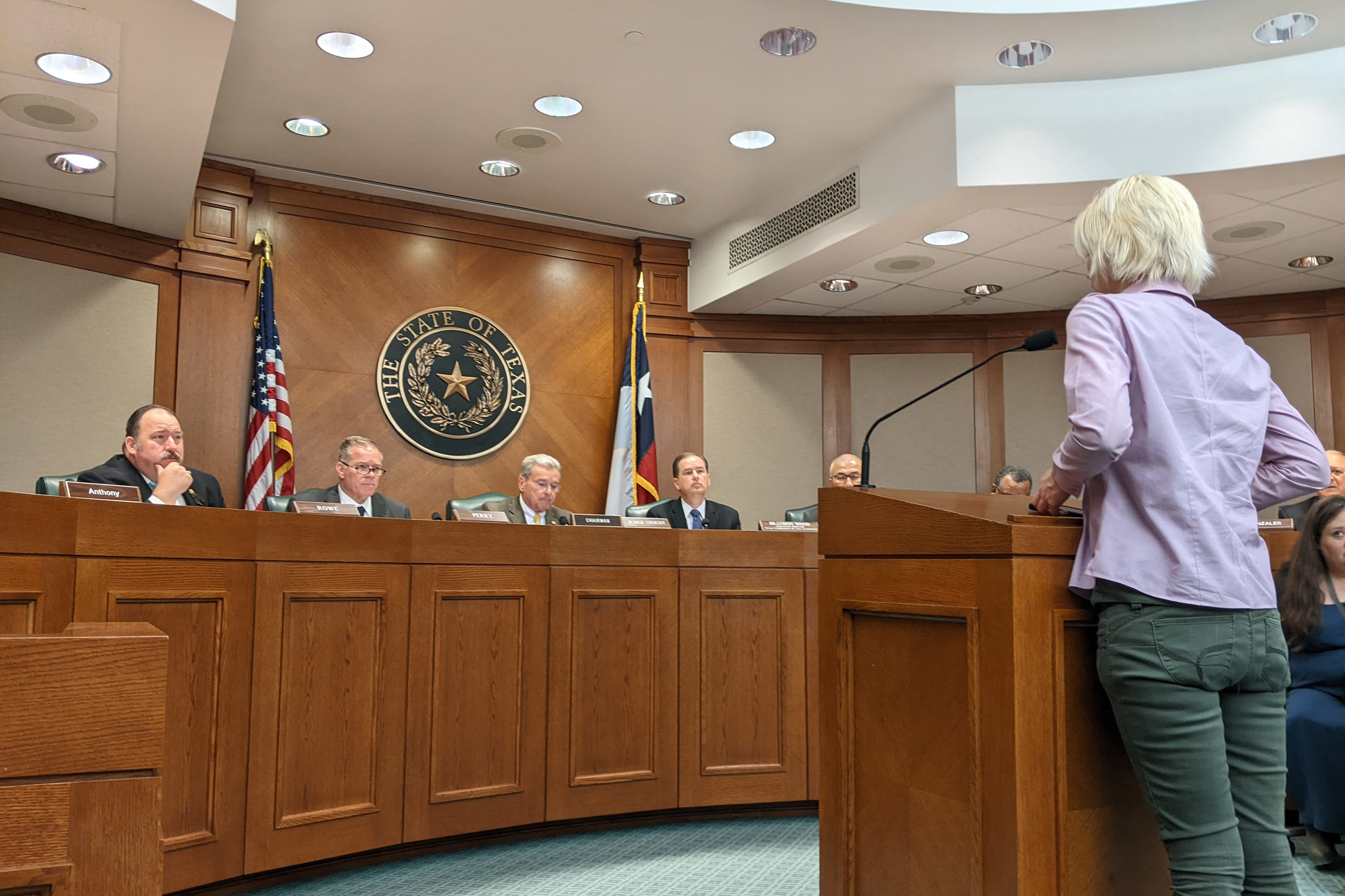 A photo of a woman standing at a podium, speaking to a group of people across from her at a dais.