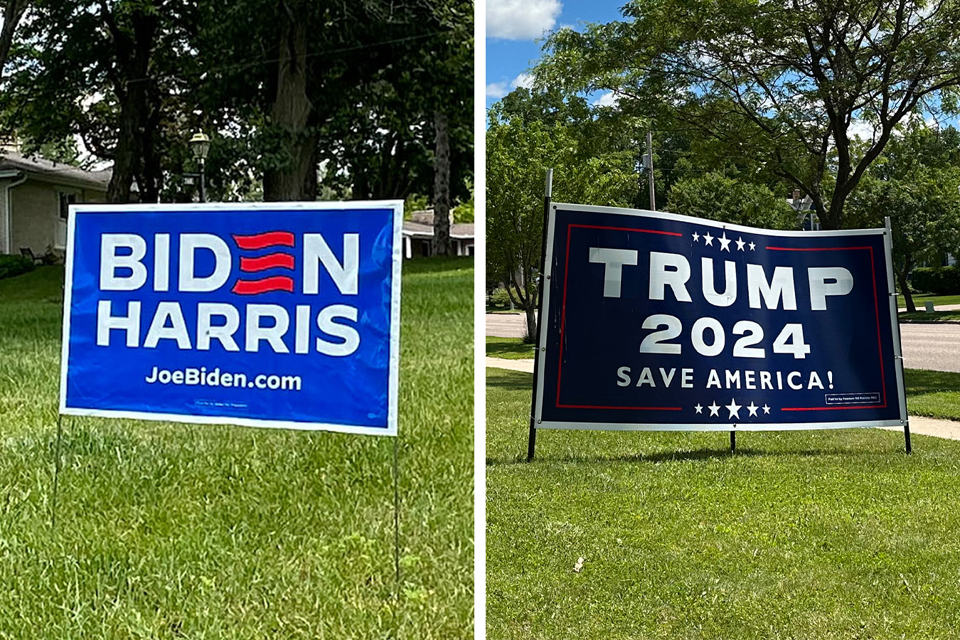 Two photos shown side-by-side: a Biden sign on the left and a Trump sign on the right.