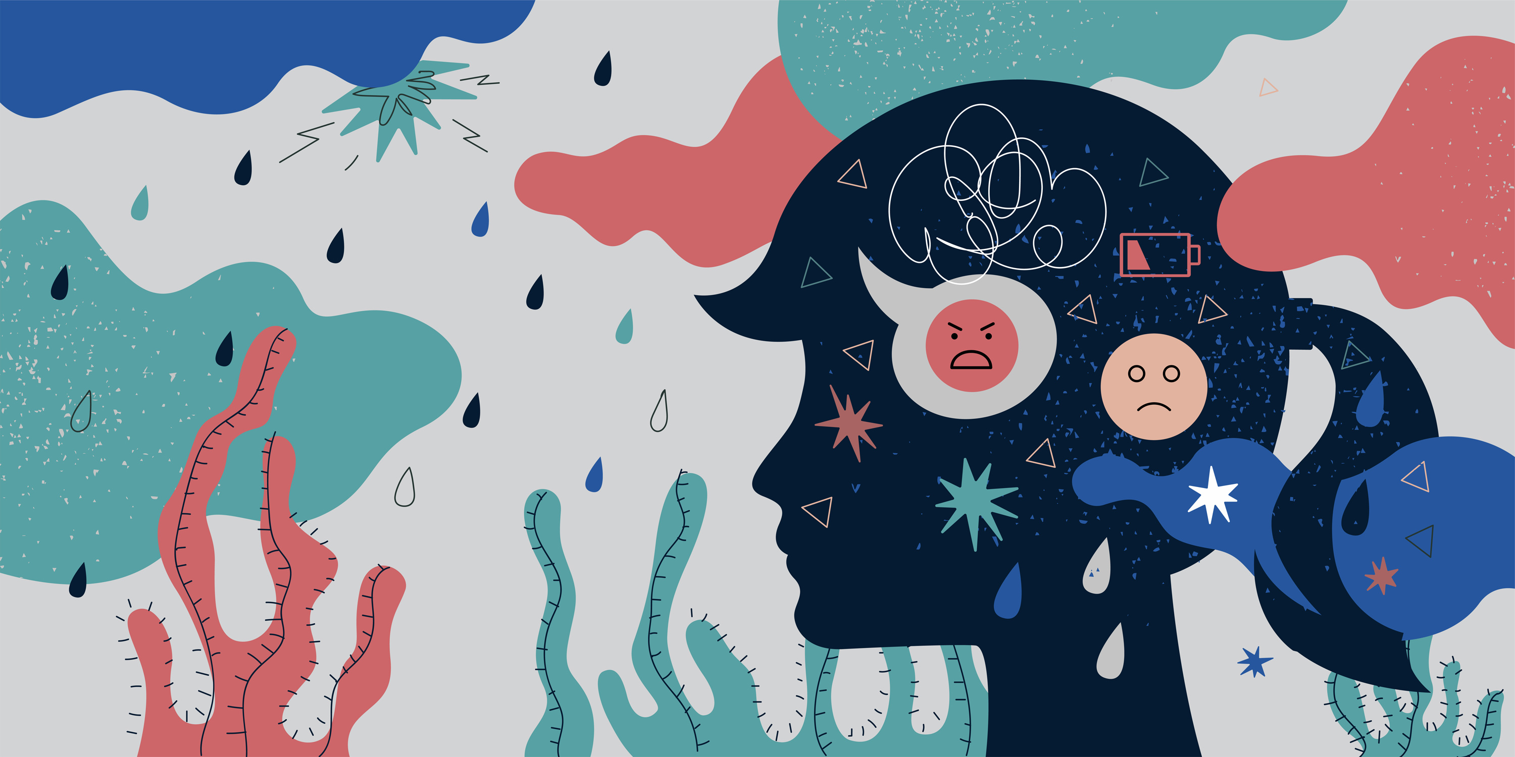An abstract illustration shows the silhouette of a young girl's head filled with scribbles, unhappy faces, and a low battery symbol. The background depicts a rain shower in blues, greens, and pinks.