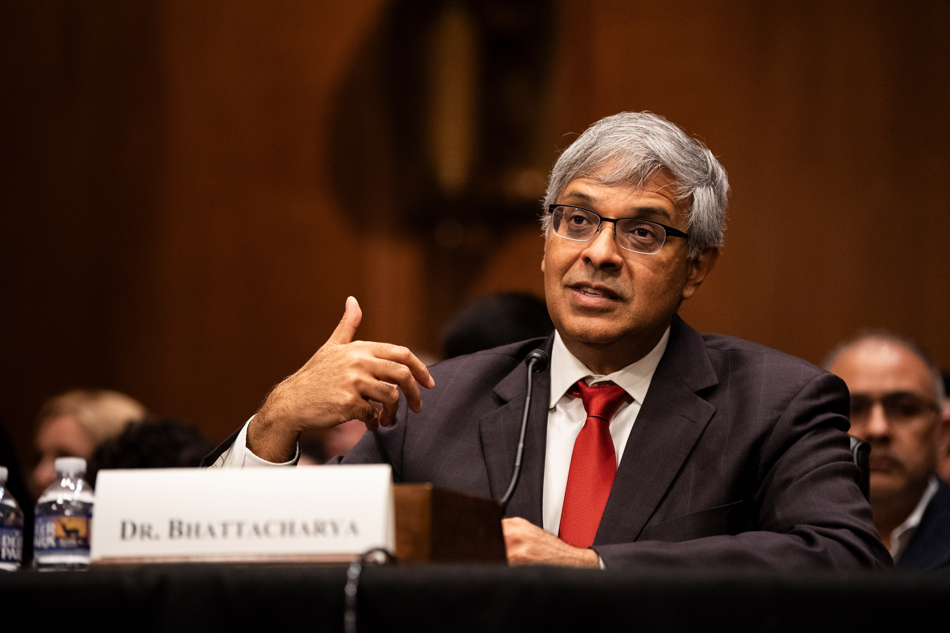 A photo of Jay Bhattacharya speaking in a Senate hearing room.