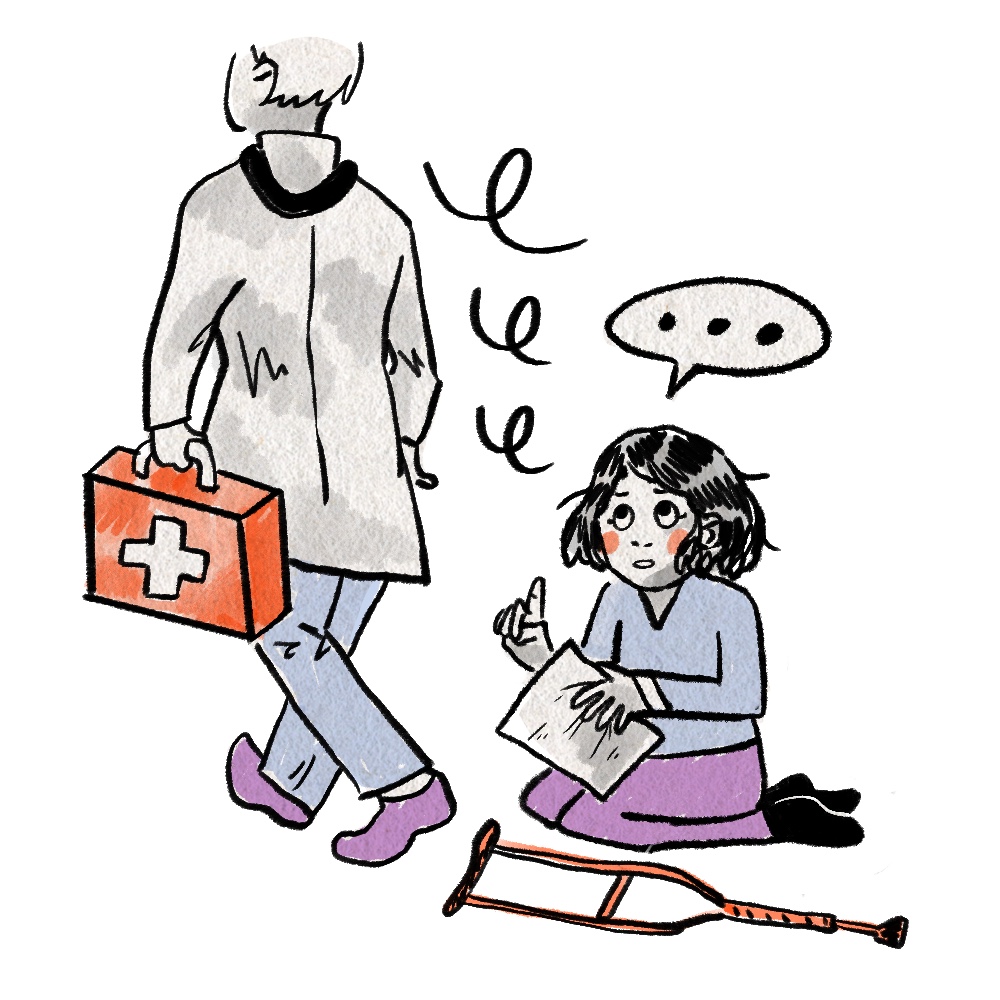 A cartoon drawing of a doctor walking away from his patient, who sits on the floor with a crutch and a confused expression.