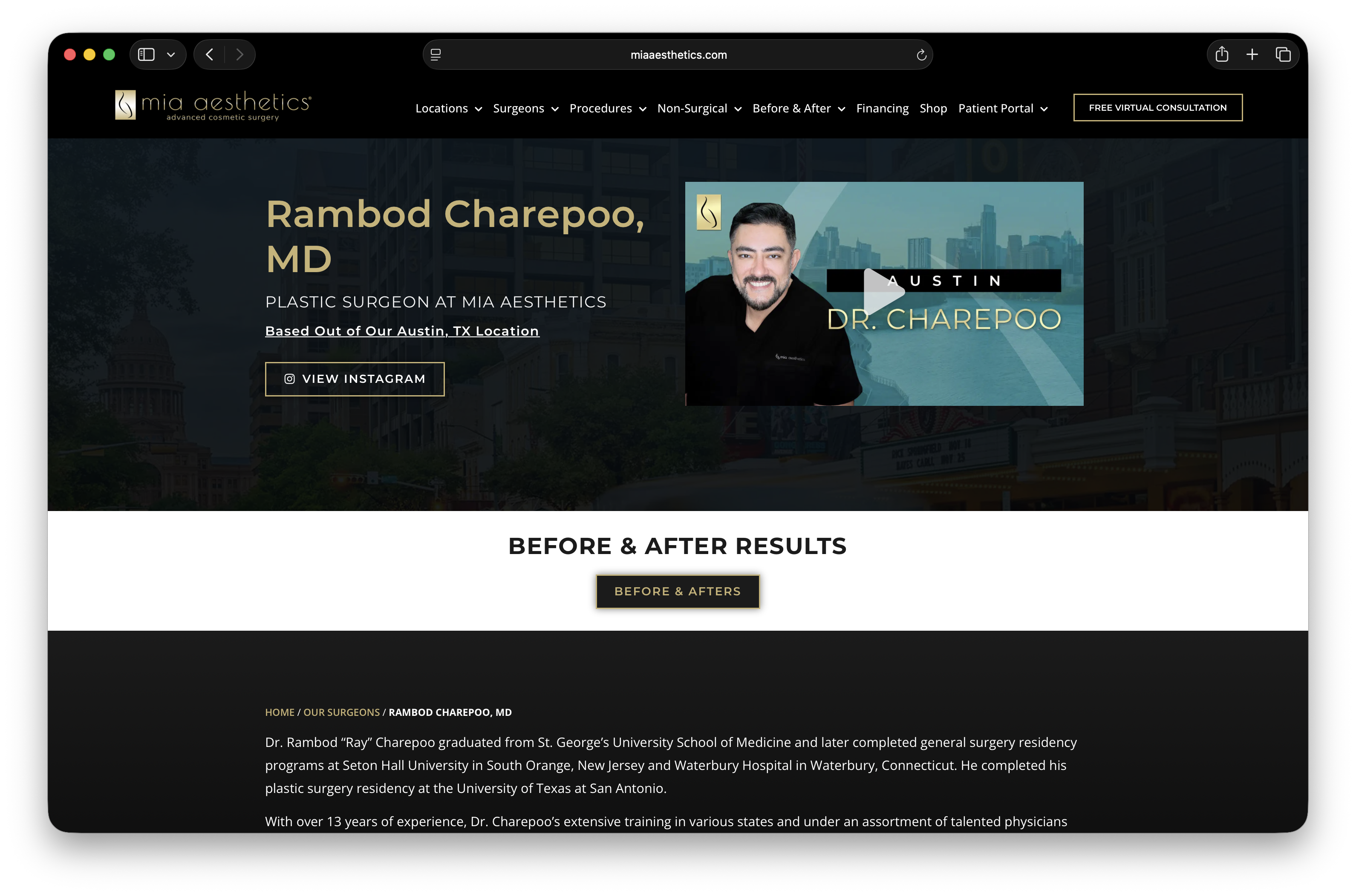 Screenshot of Rambod Charepoo, a cosmetic surgeon at Mia Aesthetics in Austin, Texas